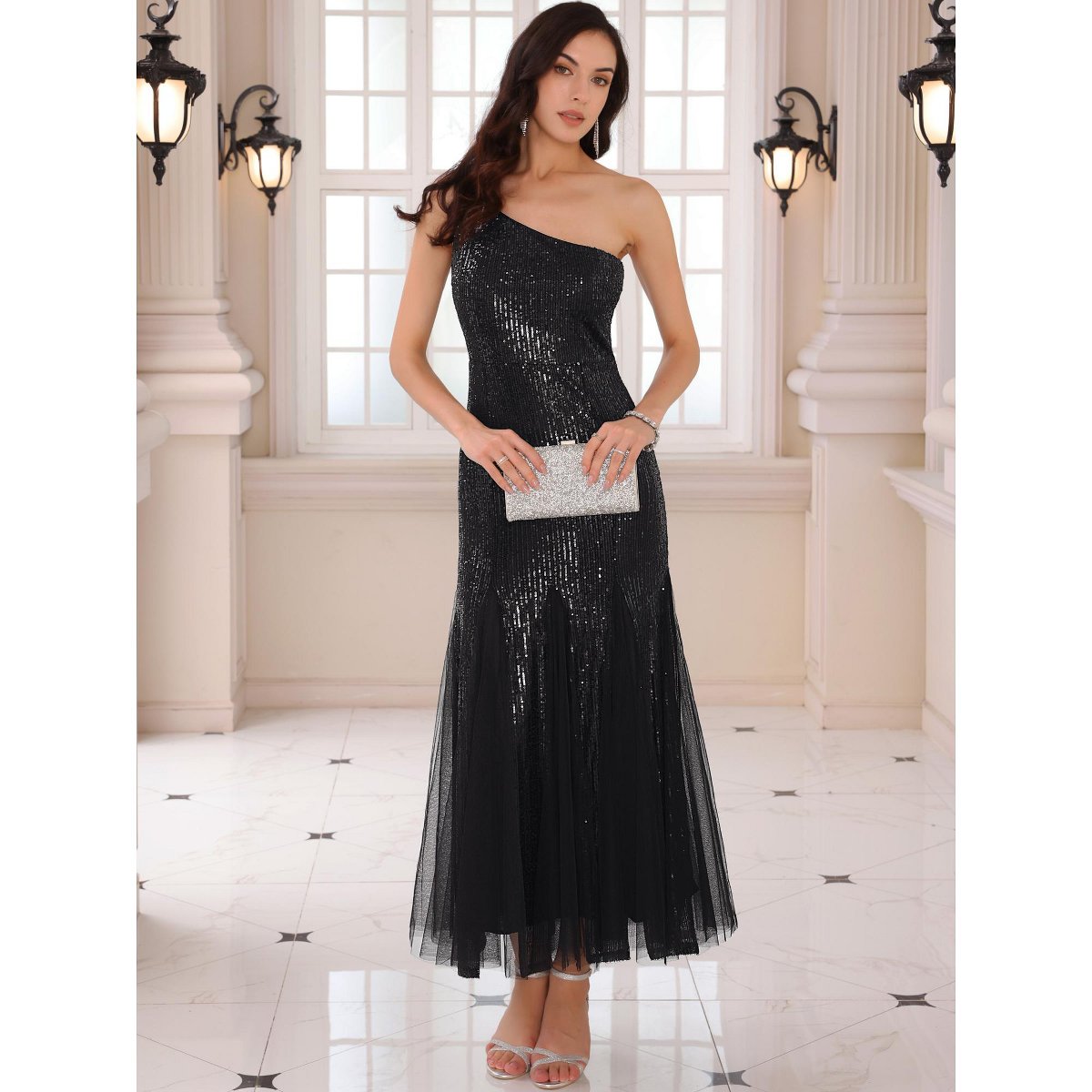 Женские платья INSPIRE CHIC Women's Sequin Maxi One Shoulder Mermaid Prom Evening Wedding Cocktail Dress Black Small — фото 3
