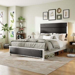 NicBex Queen Platform Bed Frame with Faux Leather and Rivets,Upholstered Headboard with LED and Charging Station,No Box Spring Needed,Black - 1 of 4