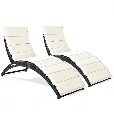 Costway 2PCS Folding Patio Rattan Lounge Chair Chaise Cushioned Portable Garden Black