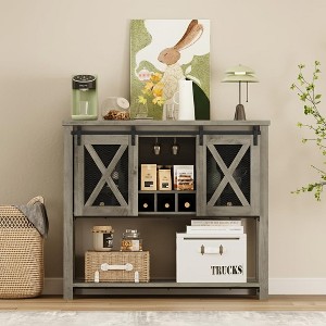 Jojoka 46.5" Farmhouse Coffee Cabinet, Console Table with Sliding Barn Doors, Open Shelves, Entryway Table with Glass Rack for Kitchen, Dining Room - 1 of 4