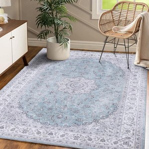 Washable Runner Rug for Kitchen Hallways, Non Slip Laundry Runners for Bathroom,Low Pile Rubber Backed Floral Rugs - 1 of 4