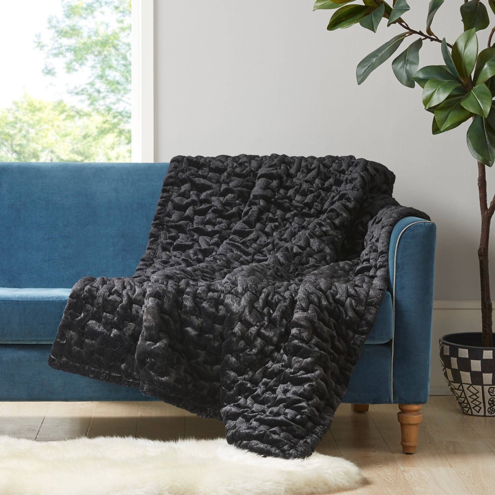 Photos - Duvet 50"x60" Ruched Faux Fur Throw Blanket Black - Madison Park: Soft, Cozy, Machine Washable, OEKO-TEX Certified