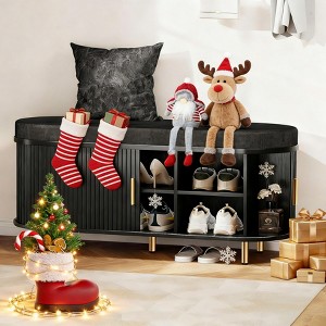 Fluted Shoe Racks, Shoe Storage Bench with Cushion Adjustable Shelf Sliding Door Two Tier Rack Entryway Organizer - 1 of 4