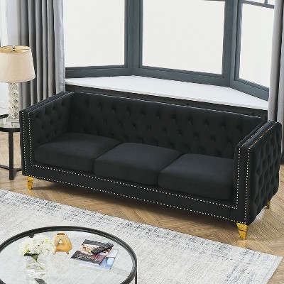NicBex 80.5 Inch Velvet Buttons Tufted Couch 3-Seat Sofa with Metal Legs for Living Room,Small Space,Apartment,Black