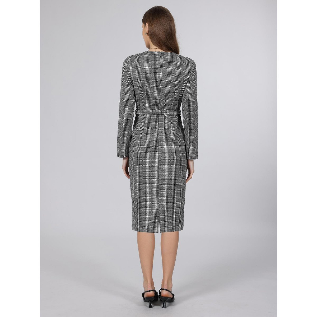 Женские платья INSPIRE CHIC Women's Houndstooth Plaid Long Sleeve Belted Business Office Pencil Dresses Small Grey Black — фото 5