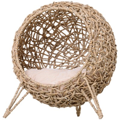 VisioGear 20.5" Cat Bed, Elevated Braided Banana Leaf Kitten House Condo with Cushion, Beige, 20.5"*20.5"*22.8"