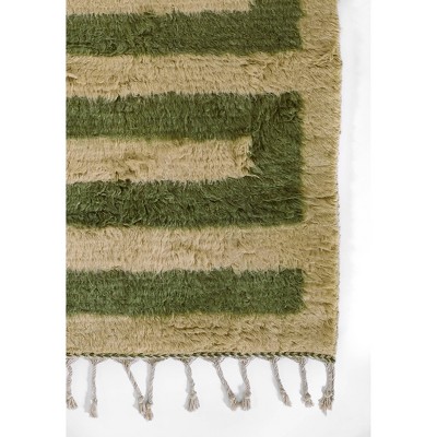 Green and Beige Handwoven Wool Geometric Rug, 5 ft x 8 ft