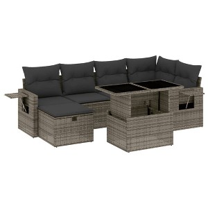 vidaXL 7 Piece Patio Sofa Set with Cushions - Gray Poly Rattan without storage - 1 of 4