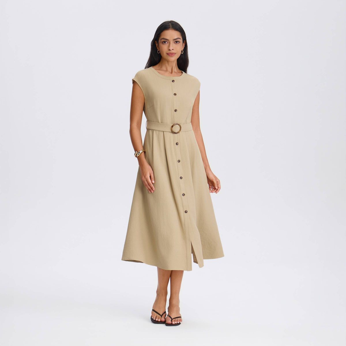 Women's Cap Sleeve Belted Button-Down Midi Shirtdress - A New Day™