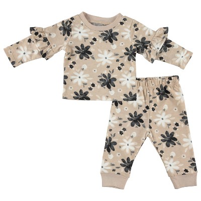 Chick Pea Baby Girl Infant Outfit Long Sleeve Jogger Set Baby Clothes 2 Pack Floral Black Flower 12M
