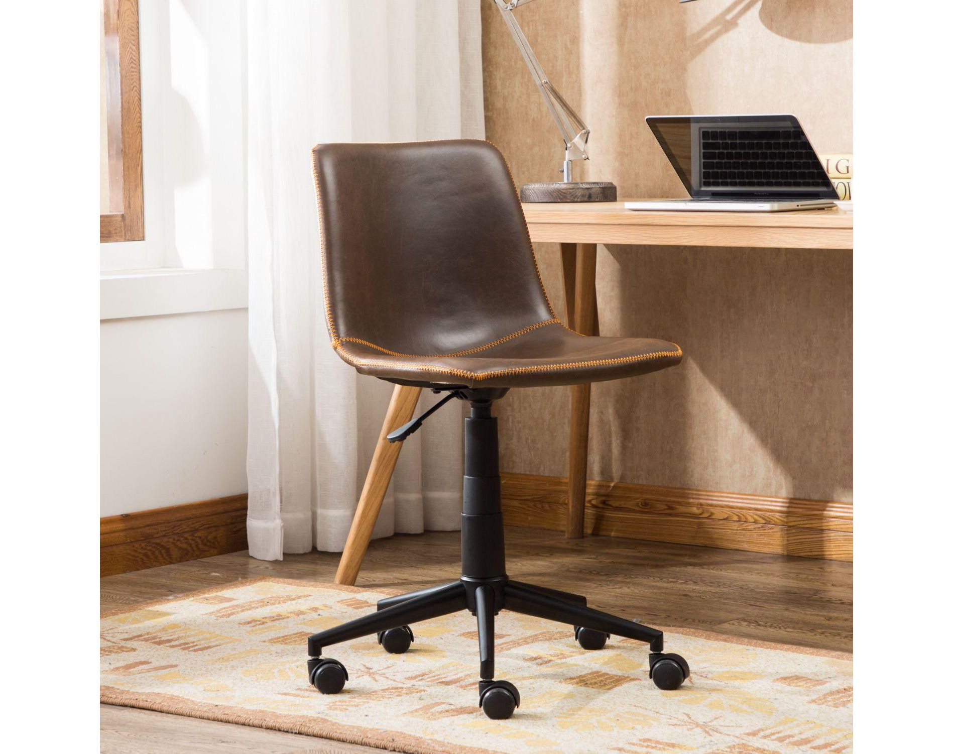 Best Office Desk Chair Brown Faux Leather Home Office Chair Rolling Chair Adjustable Armless Office Chair With Wheels-The Pop Home