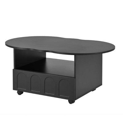 Lirago Cream Style Coffee Table with Wheels Cloud Top Design Large Storage Drawer and Brake System for Living Room Black
