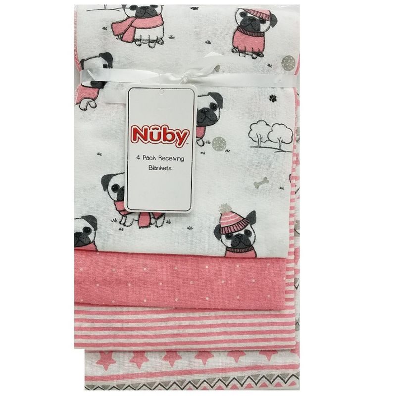 Nuby 4-Pack Pink Pug Girl Receiving Blankets Gift Set, 1 of 4