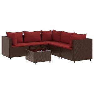 vidaXL 6-Piece Patio Lounge Set with Cushions - Brown Poly Rattan Modular Sofa Set with Tempered Glass Table, Ideal for Backyard, Garden, Terrace - 1 of 4