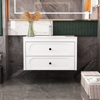 Famapy White Hanging Bathroom Vanity with Faucet & Drawers - Sleek Storage Solution