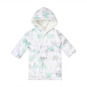 EVERYDAY KIDS Green Elephant Baby Fleece Robe with Hood Cozy Hooded Bathrobe for Ages 0-9 Months Soft, Warm, Lightweight Infant Sleepwear, Loungewear - 1 of 2