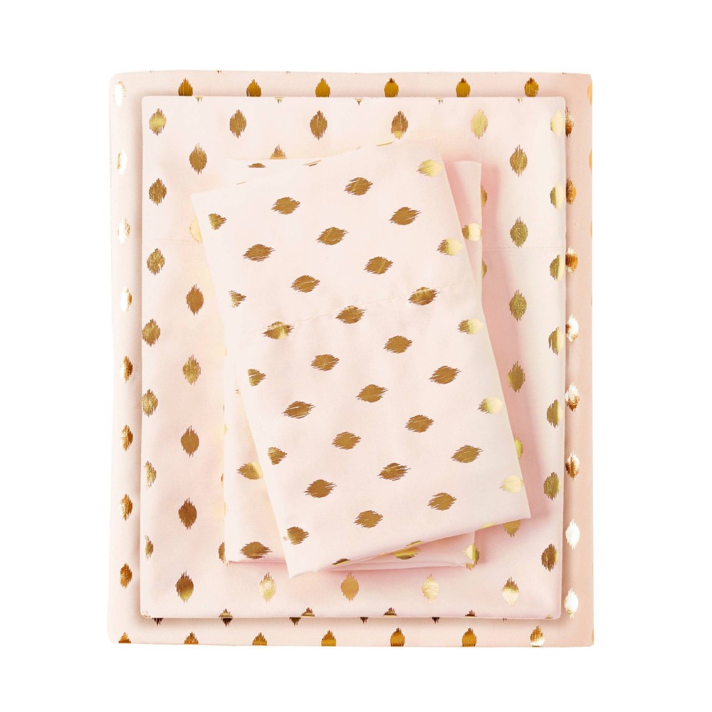 Photos - Bed Linen Queen Metallic Dot Printed Sheet Set Blush/Gold