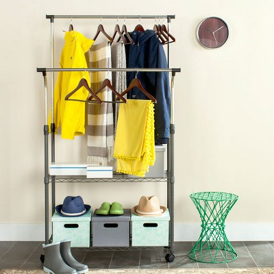 Black Chrome Wire Double Rod Portable Clothes Rack
