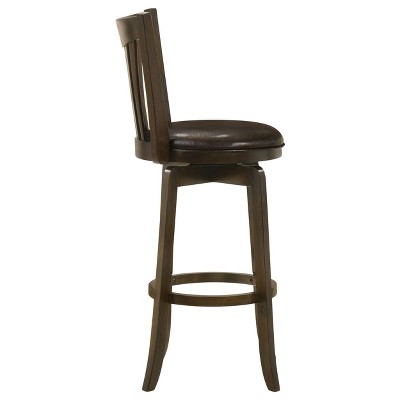 Dark Brown Wood Swivel Bar Stool with Faux Leather Seat
