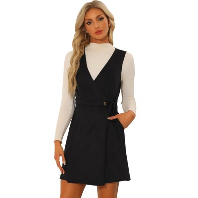 Allegra K Women's Vintage Faux Suede V Neck Sleeveless A-Line Wrap Overall Dress