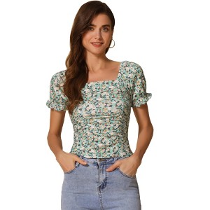 INSPIRE CHIC Women's Ruched Front Short Sleeve Floral Cropped Tops - 1 of 4