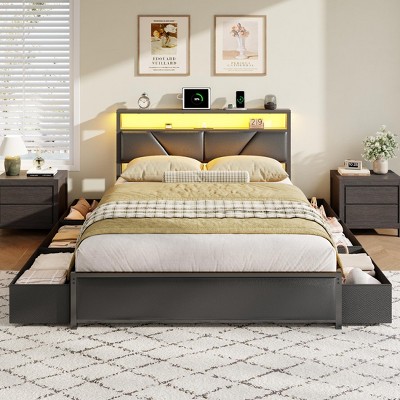 Furnulem Queen Bed Frame with 6 Storage Drawers Metal Platform Bed Frame with 2-Tier Storage Headboard PU Leather Upholstered Charging Station and LED