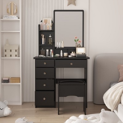 FUFU&GAGA Makeup Vanity Set with Mirror and Stool Drawer and Shelf