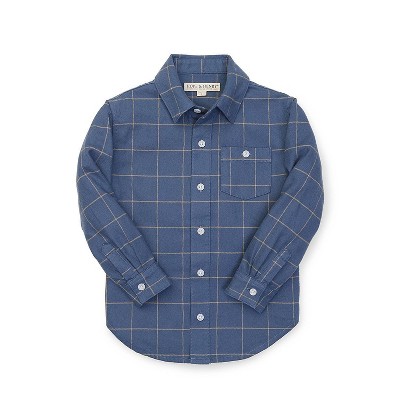 Hope & Henry Boys' Brushed Button Down Shirt (Windowpane Blue & Gold Stripe, 3-6 Months)