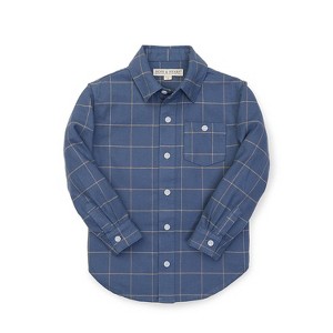 Hope & Henry Boys' Brushed Button Down Shirt (Windowpane Blue & Gold Stripe, 3-6 Months) - 1 of 4