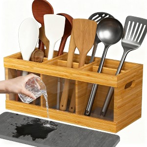GustoWave Bamboo Utensil Holder for Countertop, Kitchen Cooking Utensil Organizer with 6 Compartments & Diatomaceous Earth Drying Mat - 1 of 4