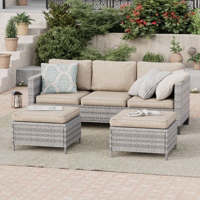 Sonkuki Outdoor 3-Seater Patio Sofa Set Furniture Set Brown/Gray Wicker Rattan with Cushions, Ottomans