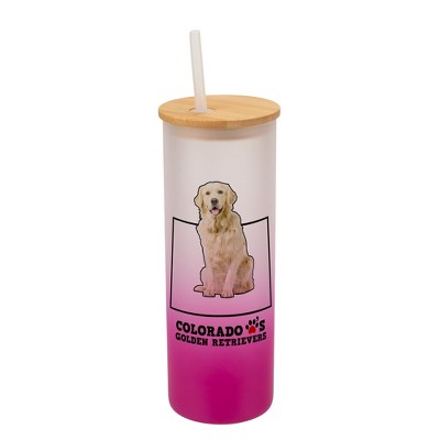 Elanze Designs Colorful Colorado Loves Golden Retrievers Pink and White Ombre Frosted Glass Travel Tumbler with Straw and Wooden Lid, 25 Ounce