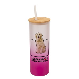 Elanze Designs Colorful Colorado Loves Golden Retrievers Pink and White Ombre Frosted Glass Travel Tumbler with Straw and Wooden Lid, 25 Ounce - 1 of 4