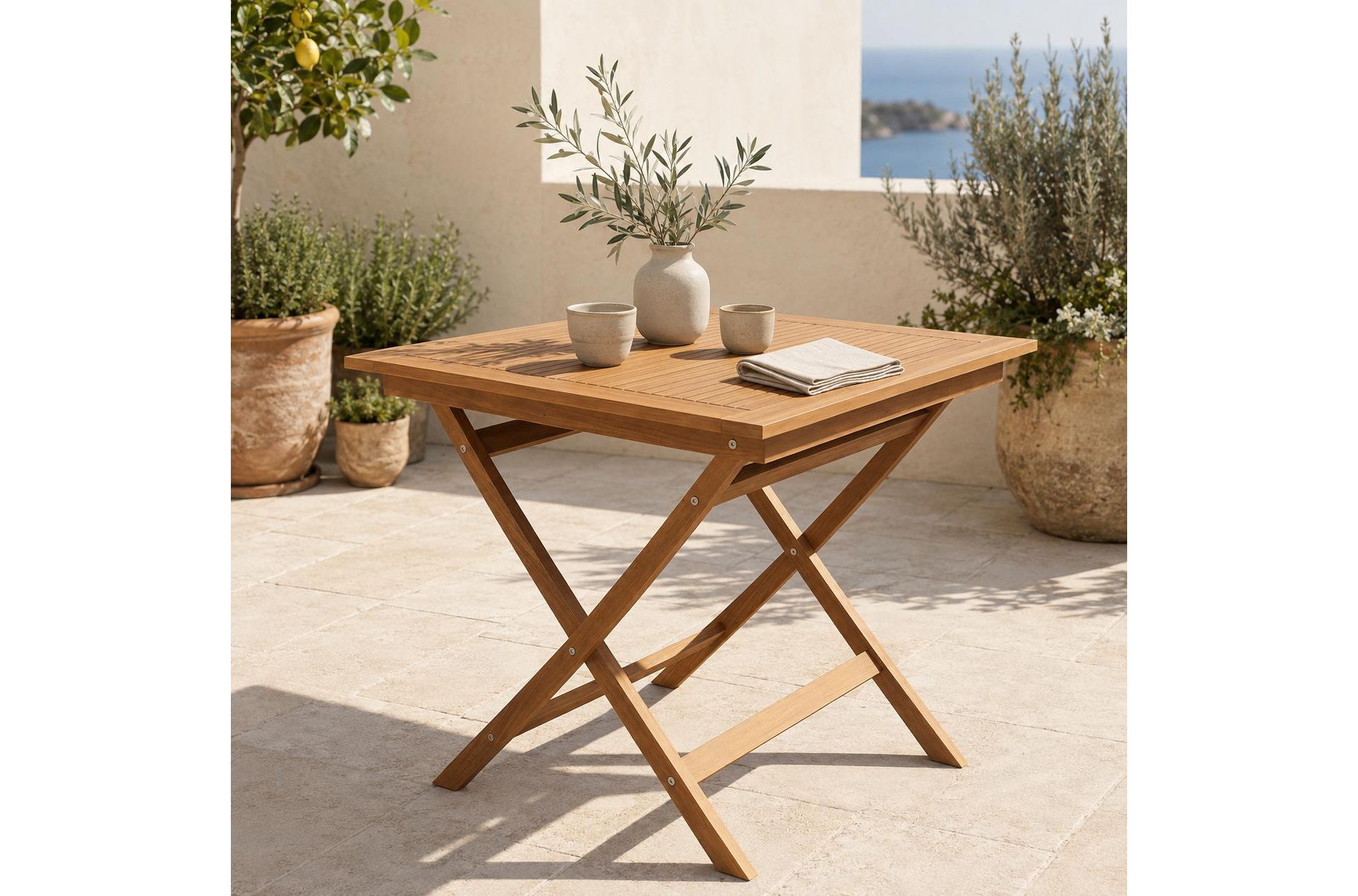 32-Inch Square Folding Patio Dining Table for 4, Solid Teak Wood Outdoor Table with X-Brace Frame