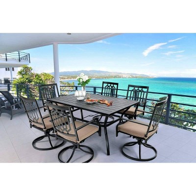7pc Metal Patio Dining Set with Rectangular Table with Umbrella Hole & & Swivel Armrest Chairs - Captiva Designs