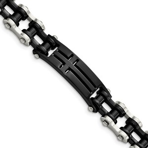 Black Bow Jewelry Stainless Steel & Black Plated Cross I.D. Bike Link Bracelet, 9 Inch - 1 of 4