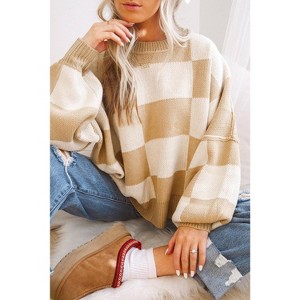 Women Checkered Bishop Sleeve Sweater - 1 of 4