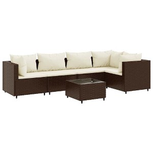 vidaXL 6 Piece Patio Lounge Set with Cushions - Brown Poly Rattan/Tempered Glass Table - Outdoor Garden Furniture - 1 of 4