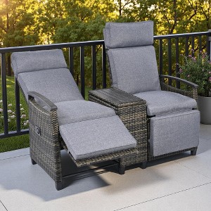 Outdoor Wicker Recliner Loveseat Chair Set with Adjustable Backrest and Built-in Storage Table - 1 of 4