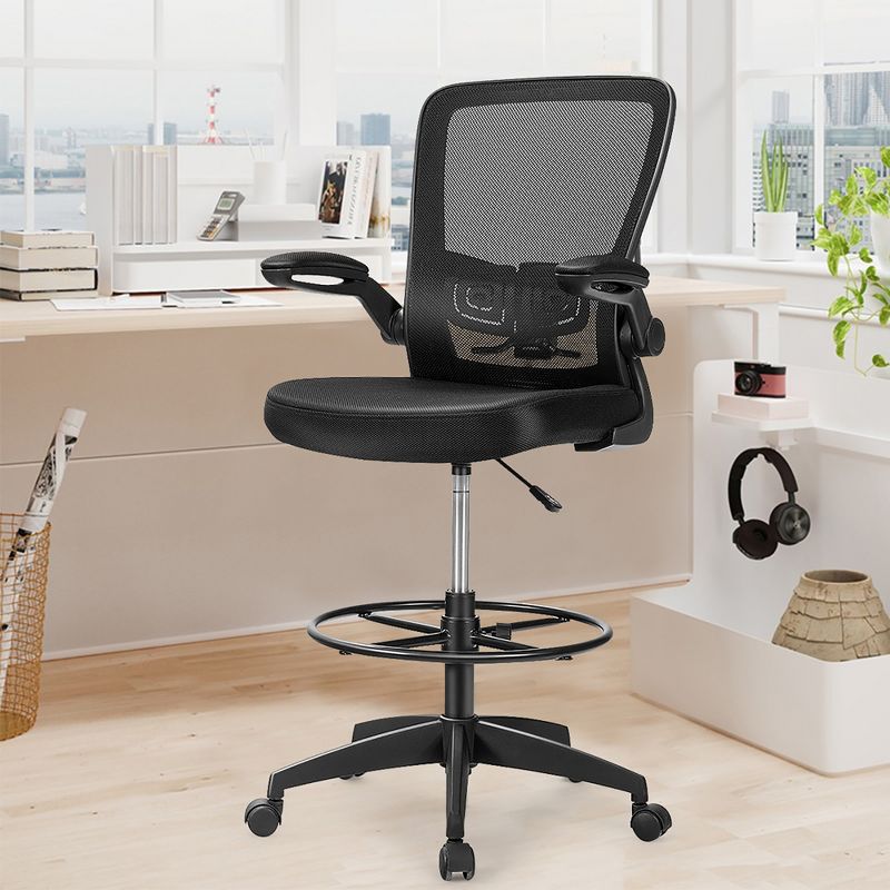 Costway Adjustable Swivel Drafting Chair with Flip-Up Armrests Adjustable Lumbar Support Black&White/Black, 2 of 11