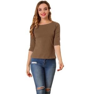 INSPIRE CHIC Women's Classic Solid Elbow Sleeves Round Neck Slim Fit T-Shirts - 1 of 4