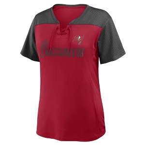 NFL Tampa Bay Buccaneers Women's Short Sleeve Lace Up V-Neck Top - 1 of 3