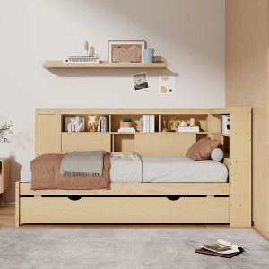 PAGED Twin Size Daybed Modern Wooden Bed Frame with Trundle, Shelves, Cork Board, Blackboard and Ports for Bedroom - 1 of 4