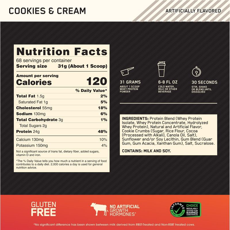 Optimum Nutrition, Gold Standard 100% Whey Protein Powder, Cookies & Cream, 4.6lb, 5 of 11