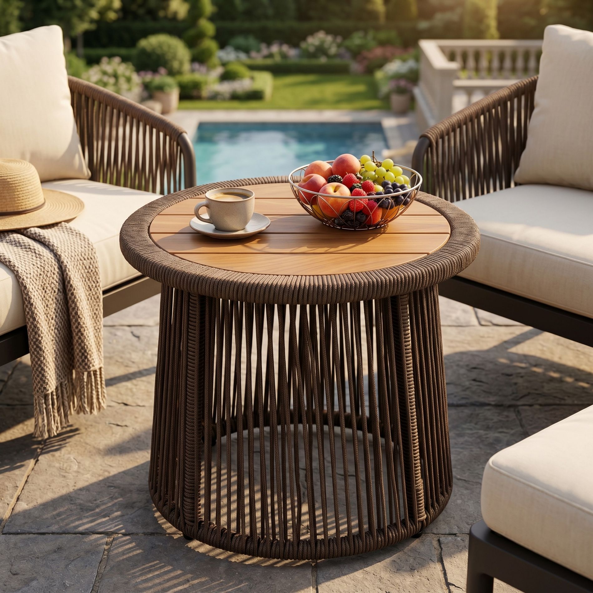 ModernLuxe Round Rope Side Table with Acacia Wood Top, Outdoor Patio Accent End Table, Coastal Boho Woven Side Table, Brown