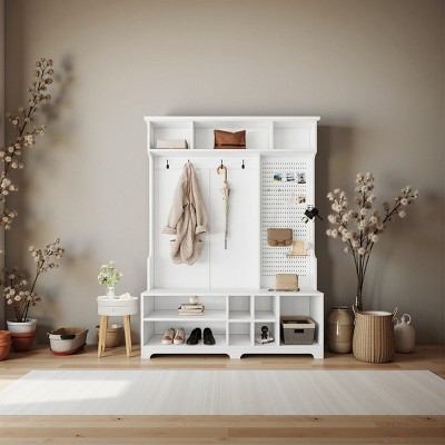 FURNIinspire Hall Trees Hall Tree With Shoe Bench, Coat Rack ,Shoe Storage, Clothes Rack, Storage Furniture For Hallways, White, 14.96"*57.48"*77.17"