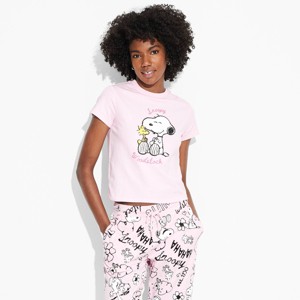 Women's Peanuts Snoopy Short Sleeve Graphic Baby T-Shirt - Pink - 1 of 3