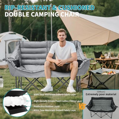 RIP-RESISTANT & CUSHIONED DOUBLE CAMPING CHAIR with feature callouts