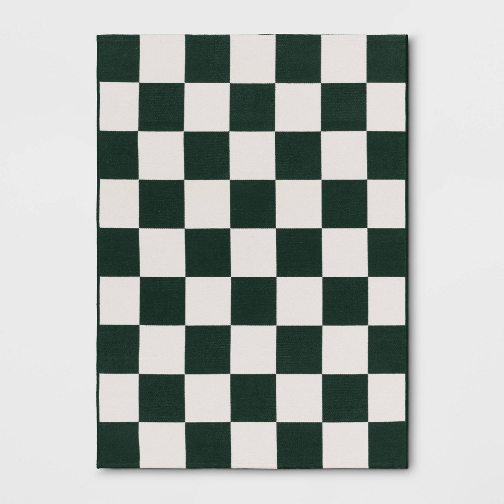 Photos - Doormat 4'x5'6" Checkered Area Rug Ivory/Green - Room Essentials™
