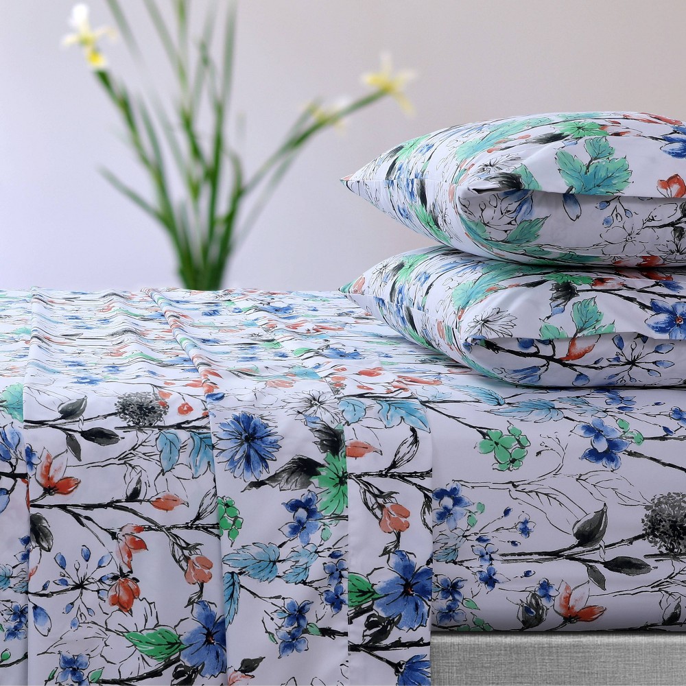 Azores Home King 110-GSM Microfiber Deep Pocket Sheet Set Chloe Printed: 4-Piece, Floral Pattern, OEKO-TEX Certified
